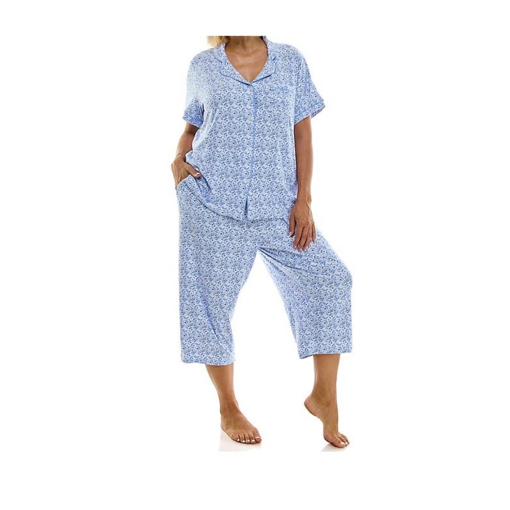 Croft & Barrow Pajama Set Women 3X Blue Geometric SS & Crop Pants 2pc NEW